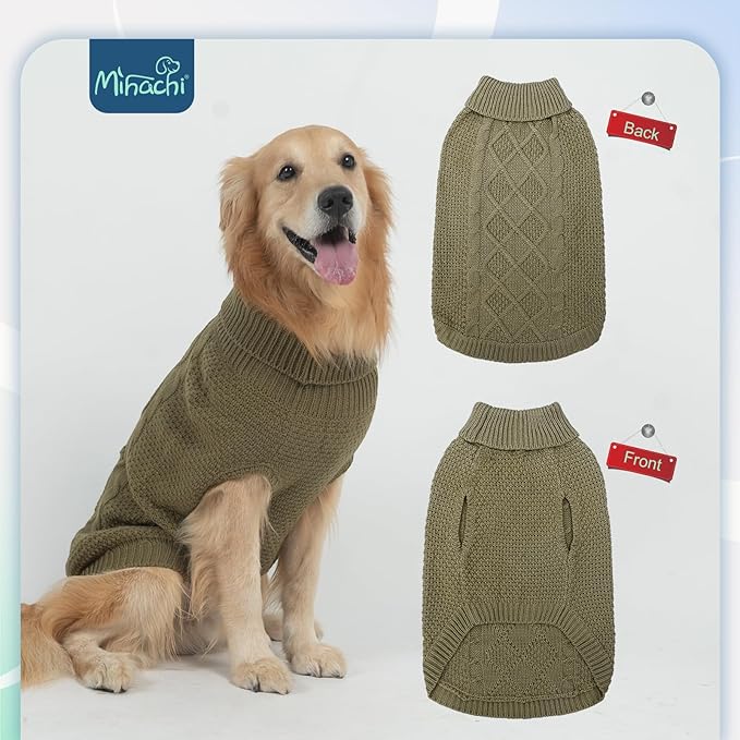 Mihachi Turtleneck Dog Sweater - Winter Coat Apparel Classic Cable Knit Clothes with Leash Hole for Cold Weather, Ideal Gift for Pet in New Year Army Green New L