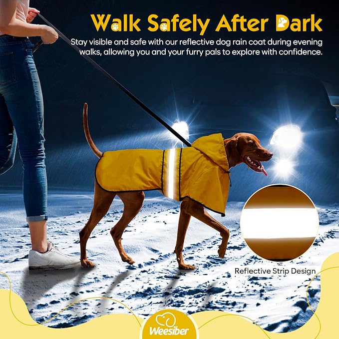 Weesiber Dog Raincoat, Adjustable Waterproof Dog Rain Jacket Poncho with Reflective Strip and Leash Hole, Lightweight Pet Rain Coat for Small to X-Large Dogs (M, Yellow)