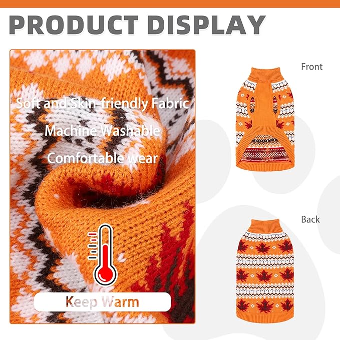KOOLTAIL Cable Knit Dog Sweater Turtleneck, Cold Weather Pullover Classic Knitwear, Thick Warm Winter Pet Clothes, Fall Maple Leaves Thanksgiving Dog Sweater for Small Medium Large Dogs Cats, Orange L