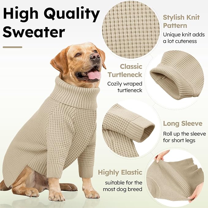 Queenmore Dog Sweaters for Medium Dogs Girl, Waffle Knit Dog Sweater with Long Sleeve, Doggie Kintsweaters, Cat Christmas Sweaters, Apricot M