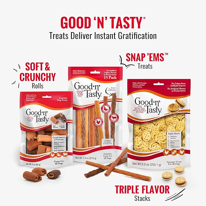 Good 'n' Tasty Triple Flavor Puree Mix-Ins Dog Food Topper Treats for All Dogs, 28 Count, Easy Single-Serve Portions, Added Protein with Chicken, Salmon and Duck