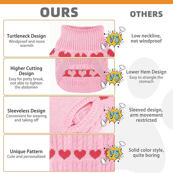 KOOLTAIL Cable Knit Dog Sweater Turtleneck, Cold Weather Pullover Classic Knitwear, Snowflake Pattern Thick Warm Winter Pet Clothes,Dog Christmas Sweater for Small Medium Large Dogs,Pink Heart S