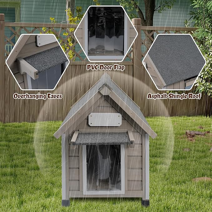 Wooden Outdoor Dog House for Small Dogs, Weatherproof Pet Shelter with Reinforced Frame, Ventilated Window, PVC Door Flap, and Nameplate,18" L x 25" W x 24" H