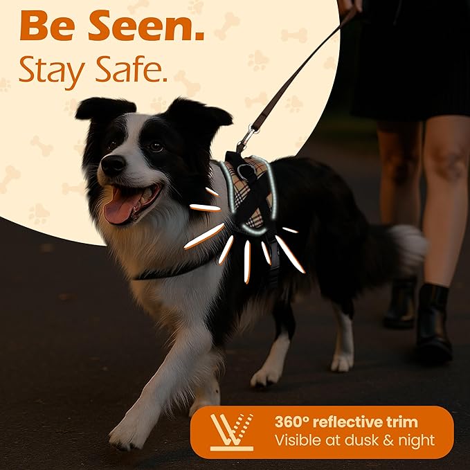 Bark Appeal Tan Plaid No-Pull Dog Harness for Large to Extra Large Sized Pets – Adjustable, Reflective Vest with 3 Leash Clips for Added Control, Easy Walks & Training – XL
