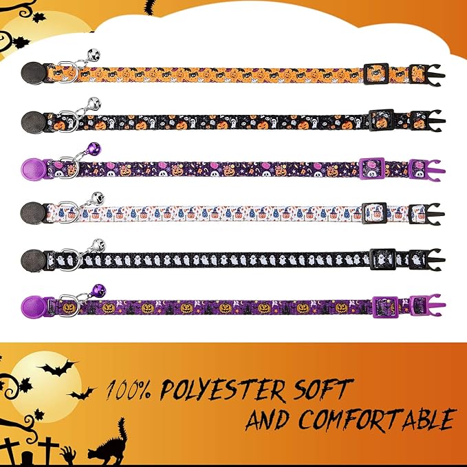 Weewooday 6 Pcs Halloween Cat Collar, Breakaway Cat Collars with Bell, Safety Buckle Soft Adjustable Halloween Pet Collar with Pumpkin Ghost Patterns for Kitten Kitty Pet Supplies Christmas Party