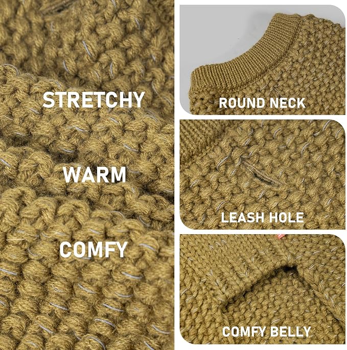 KYEESE Dog Sweater for Large Dogs with Leash Hole Warm Pullover with Reflective Yarn Male Thick Stretchy Knitwear Winter Soft Pet Coat boy for Cold Weather Comfy Dog Sweaters,Brown,XXX-Large