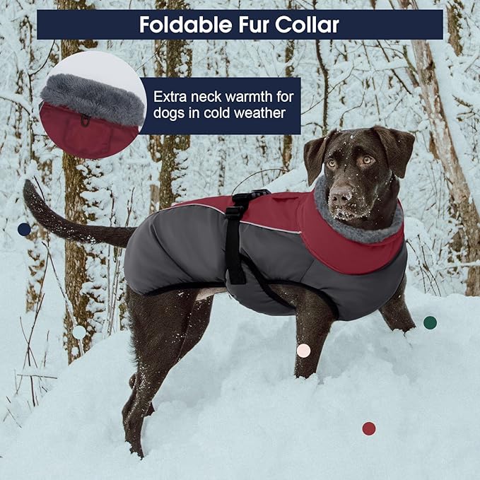IECOii Extra Warm Dog Jackets for Large Dogs, Insulated Thermal Fleece Vest for Winter, Waterproof Reflective XL Dog Coat with Fur Collar, Windproof Cold Weater Clothes with Leash Hole, Burgundy, XL