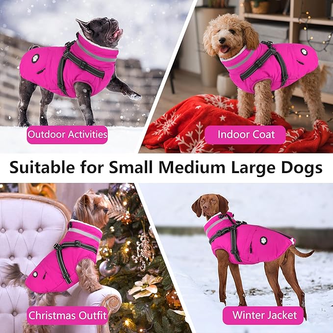 Dogcheer Dog Coat with Harness, Waterproof Dog Jacket Christmas Pet Winter Coat with Pockets, Reflective Doggy Turtleneck Fleece Jacket for Small Medium Large Dogs - Pink, S