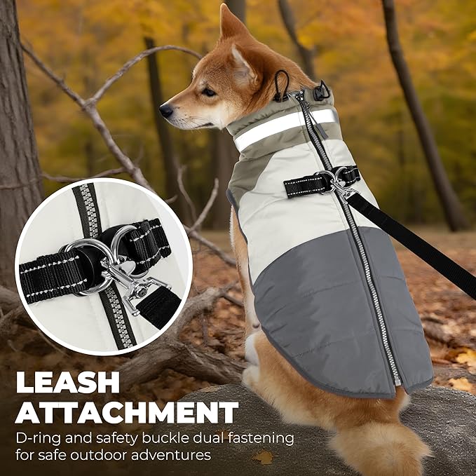Dog Coats for Small Dogs, Waterproof Warm Dog Winter Jacket with Harness Built in, Reflective Puppy Cold Weather Coats Zip-up Pet Vest with Fleece Lined Dogs Snowsuit, Grey Small