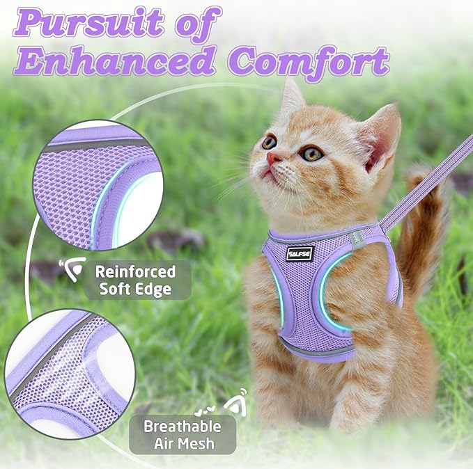 Cat Harness and Leash for Walking Escape Proof, Adjustable Kitten Vest Harness Reflective Soft Mesh Puppy Harness for Outdoor, Comfort Fit, Easy to Control (Purple, M)