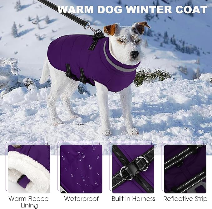 Dog Coat with Harness Built-in, Waterproof Reflective Fleece Lined - Warm Windproof Winter Jacket with Back Zipper, Cold Weather Snow Dog Coats - Purple - L