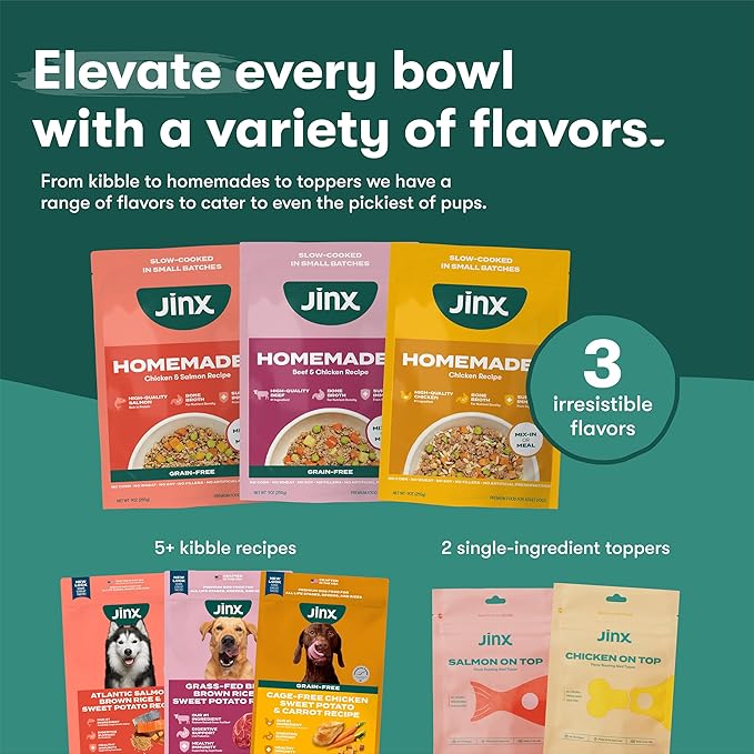 Jinx Salmon Grain Free Wet Dog Food Toppers, Meal or Mix with Dry Dog Food, Made with Real Salmon & Chicken, Bone Broth, No Fillers, Puppy, Adult, Senior, 9oz, 6 Pack