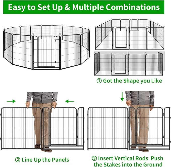 Dog Playpen Outdoor Extra Wide 16 Piece Panels Heavy Duty Dog Fence 40" Height Anti-Rust with Doors Portable for RV Camping Yard, Total 42FT, 140 Sq.ft, Snowy Black