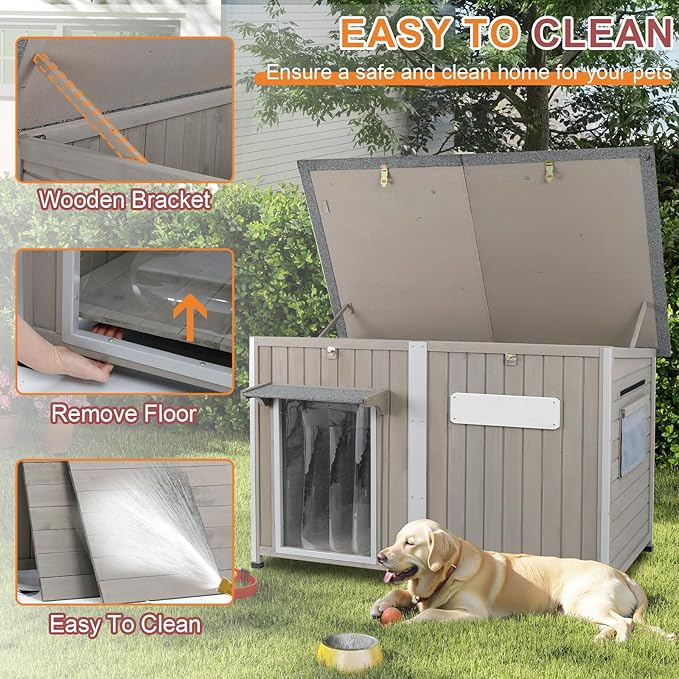 Outdoor Dog House Weatherproof, Wooden Puppy Shelter with Anti-Chewing Iron Frame and Elevated Floor, Sturdy Dog Kennel for Small, Medium & Large Dogs (Gray, 51" L x 29" W x 32" H)