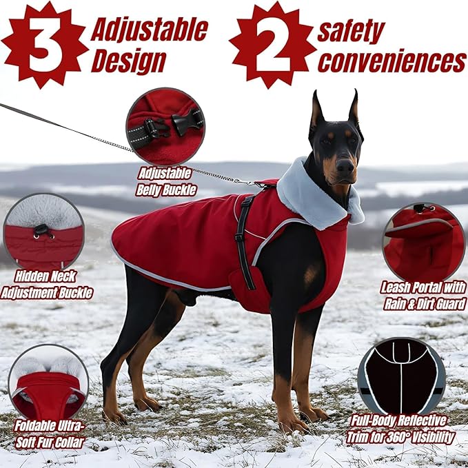 Insulated Outdoor Dog Winter Jacket, Hard Shell Dog Coat with 2 Layer Warmth, Waterproof & Lightweight Coats for Medium Dogs with Leash Portal, Neck Belly Adjustable Pet Jackets for Dachshund(Wine, M)