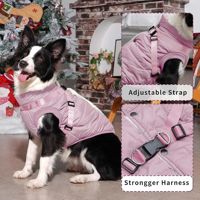 Dog Jacket with Harness,Fleece Lined Warm Puppy Coat for Winter,Soft Windproof Medium Dog Vest,Light Pink L