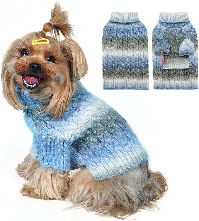 KYEESE Dog Sweater for Small Dogs Thick Dog Knitwear Turtleneck Warm with Sleeves Fuzzy Dogs Clothes Gradient Color, Blue, Medium