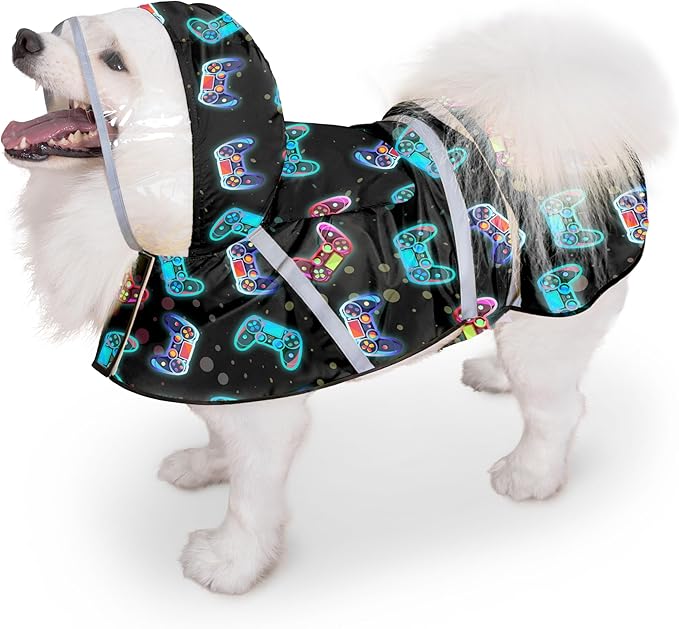 Dog Raincoat, Adjustable Rain Jacket with Hooded Double Layer for Large Medium Small Dogs Puppies, Lightweight Waterproof Rain Coat Poncho with Reflective Stripe Game Controller Black,L