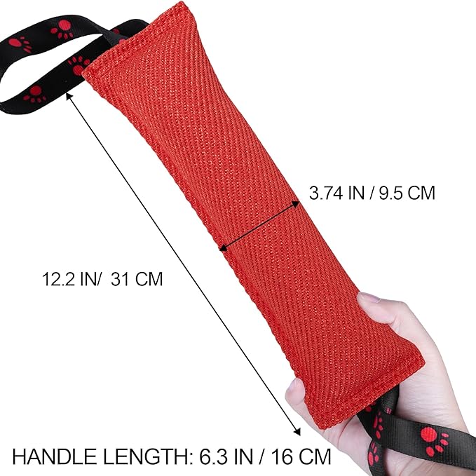 ToLanbbt Dog Tug Toy Bite Jute Pillow Pull Toy with 2 Strong Handles Perfect for Tug of War, Puppy Interactive Play, Tear Resistant Bite Training for Small Medium Large Dogs (Bright Red-Footprint)