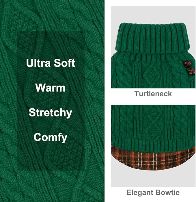 KYEESE Dog Sweater Soft Pullover Dog Sweaters for Small Dogs Male Stretchy Knitwear Cat Clothes Warm Turtleneck Small Dogs Sweater with Gingham Patchwork Thick Pet Coat for Fall Winter Cold Weather