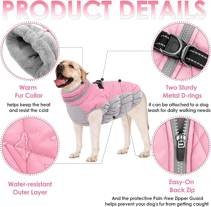 AOFITEE Dog Coat, Warm Dog Jackets for Large Dogs, Reflective Turtleneck Dogs Winter Coat with Harness Built in, Waterproof Windproof Pet Snow Jacket Fleece Vest for Cold Weather, Pink XXL