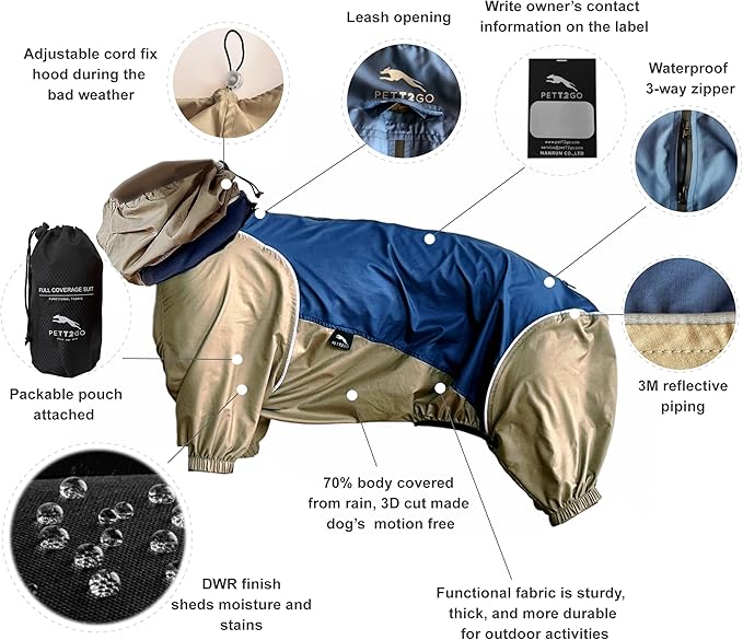 Dog Lightweight Windbreaker, Pet Outdoor Sports Jacket, 0.5 lbs,3 in One, Hooded, Easy on/Off with Collar and Harness, Reflective Piping, Packable, Dog Hiking/Camping, Navy Blue (Large)