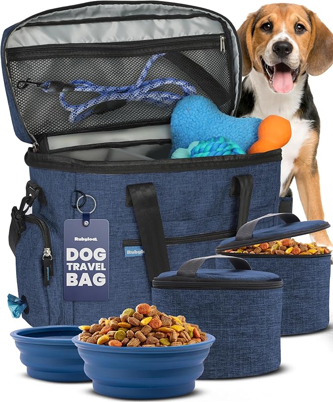The Original Doggy Bag™ - Complete Dog Travel Bag for Supplies with 2 BPA-Free Travel Dog Bowls & 2 Pet Food Containers - Traveling Kit for Road Trips, Camping, Weekend Away or Doggy Gift - Navy