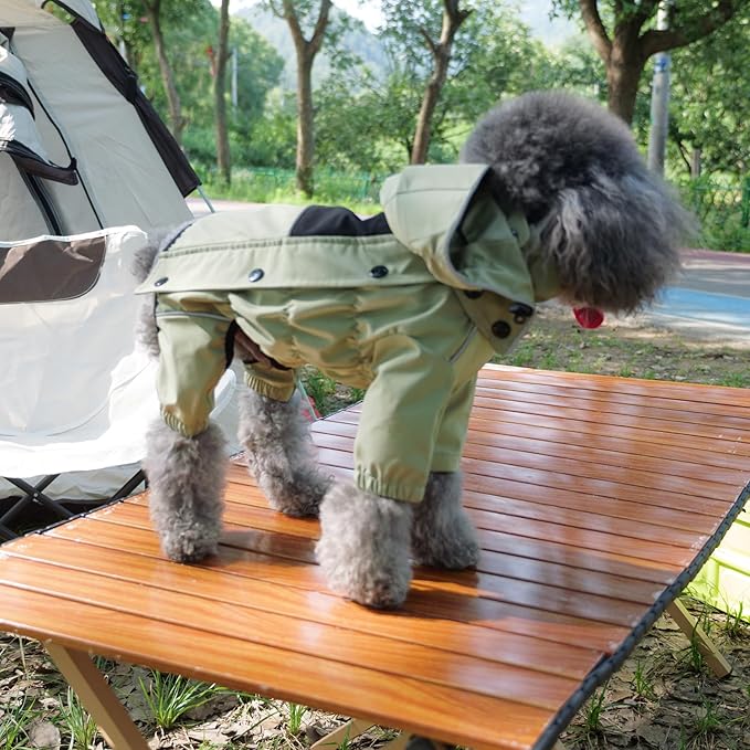 LOVELONGLONG Fleece-Lined Dog Raincoat with Removable Hood – Waterproof Winter Full Body Dog Jacket – Windproof Snowproof Cold-Weather Suit – Green-F L