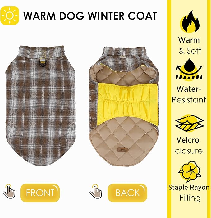 Quilted Dog Winter Coat, Plaid Lined Reversible Vest, Reflective Safety Strip, Cold Weather Pet Apparel Yellow XXS