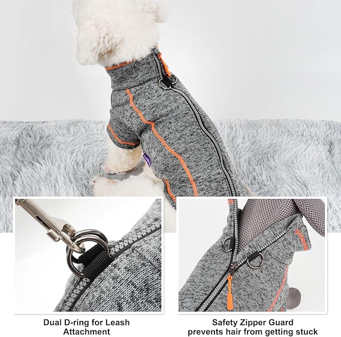 cyeollo Dog Sweater Fleece Jackets with Zipper Fleece Lining Warm Step in Coats Reflective Dog Sweaters for Large Dogs, Grey XXX-Large