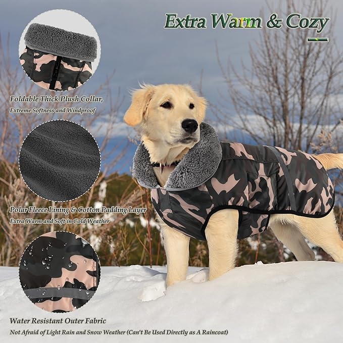 Dogcheer Warm Dog Coat, Waterproof Dog Jacket Christmas Puppy Winter Coat with Buckle, Reflective Adjustable Pet Snow Jacket Fleece Sweater for Small Medium Large Dogs - Dusty Pink Camo, 2XL