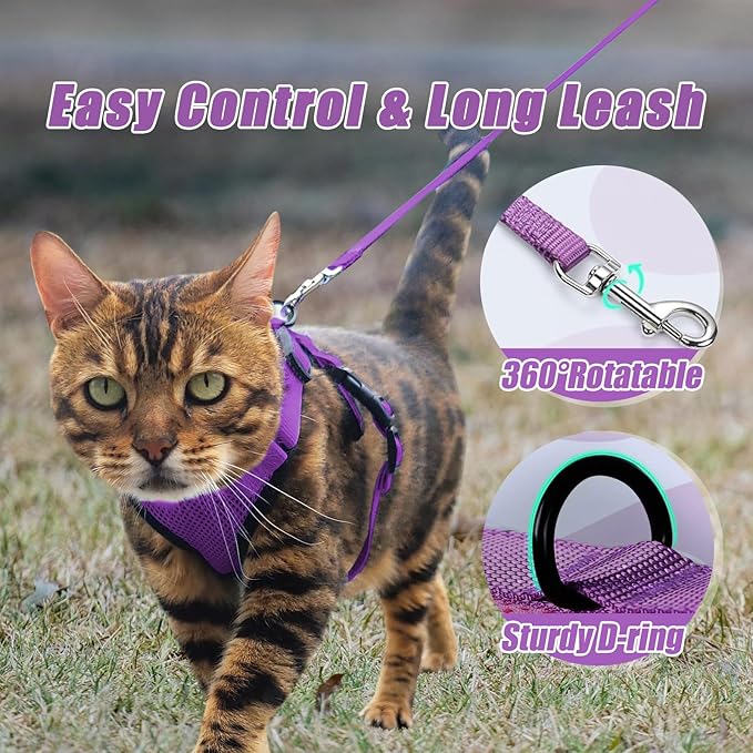 Cat Harness and Leash Set,Escape Proof Adjustable Cat Harness,Soft and Breathable Kitten Harness and Leash with Reflective Strips for Walking and Traveling(Purple, X-Small(3.3-8.9lb))