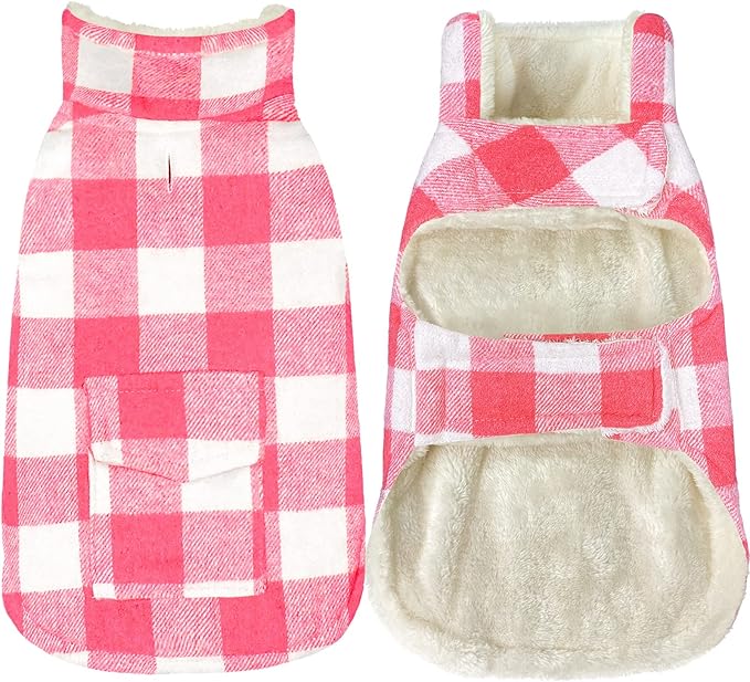 Malier Dog Coat, Classic Plaid Fleece, Windproof Warm Winter Jacket with Pocket, X-Small, Pink