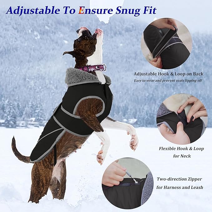 Dogcheer Dog Coat, Waterproof Dog Jacket Reflective Pet Winter Coat with Adjustable Hook & Loop, Christmas Puppy Fleece Jacket Warm Turtleneck Snowsuit for Small Medium Large Dogs - Black, S