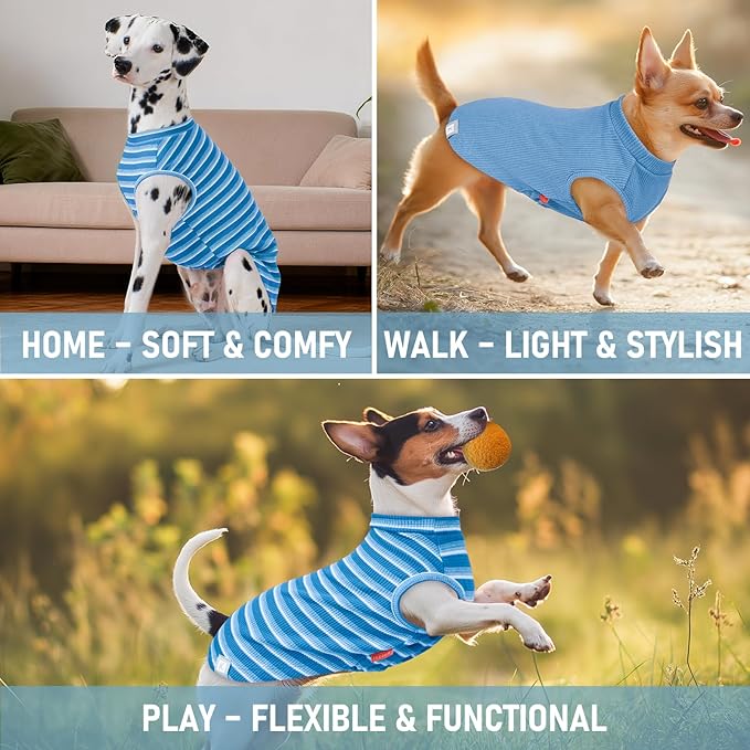 KYEESE 2Pack Waffle Dog Shirts for Small Dogs Stretchy T-Shirts Lightweight Tank Top Sleeveless Striped Vest Breathable Pet Tee, X-Large, Blue+Striped