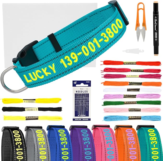 Personalized Embroidered Dog Collar - Custom Hand-Stitched Name & Number, Reflective Adjustable Pet Collar for Small/Medium/Large Dogs & Cats, Durable Nylon with Steel D-Ring (Teal, Medium)