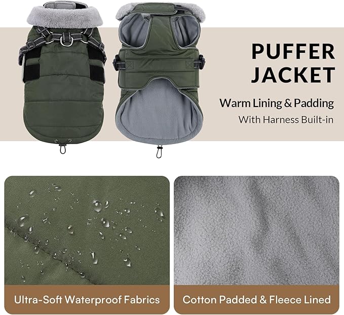 Queenmore Dog Coats for Large Dogs Winter Waterproof with Harness Built-in, Pet Puffer Warm Jacket with Harness for Snow/Cold Weather for Large Breed - Fleece Lining Easy-on Reflective, Green L
