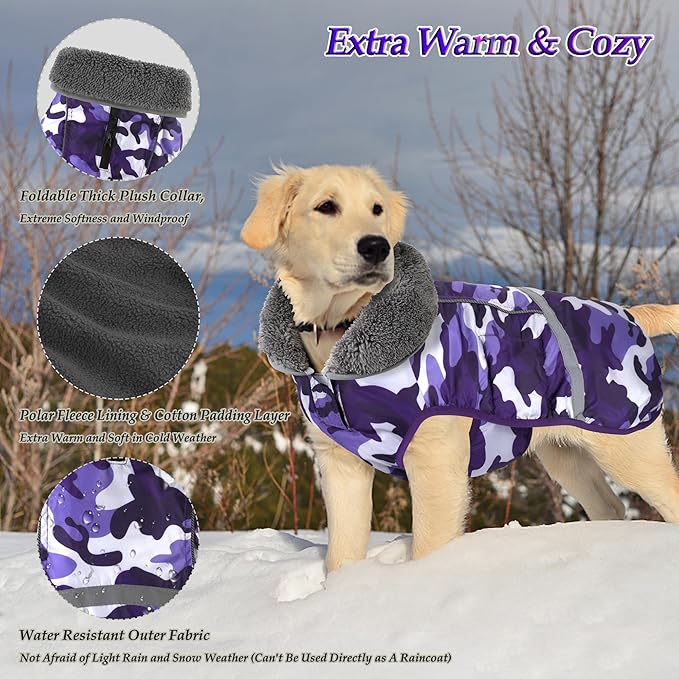Dogcheer Warm Dog Coat, Waterproof Dog Jacket Christmas Puppy Winter Coat with Buckle, Reflective Adjustable Pet Snow Jacket Turtleneck Fleece Sweater for Small Medium Large Dogs - Camo Purple, 3XL