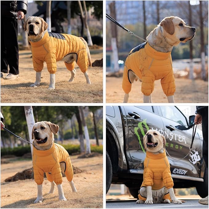 Lovelonglong Warm Jacket - 4 Legs Covered Waterproof Windproof Reflective Vest, Zippered Adjustable Outdoor Snow Jacket for Small Medium Large Dogs, Yellow L