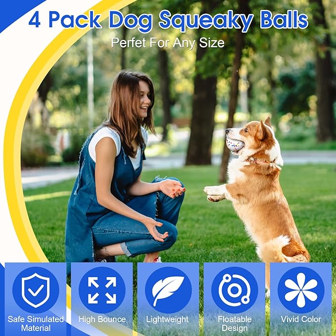 VINGVO Large Dog Balls Tennis Ball Toys 4 PCS Dogs Toys for Aggressive Chewers, 3" Teething Chew Toys Water Floating Ball Toy Bouncy Fetch Balls for Large Medium Small Dog and Puppies (4 Round)