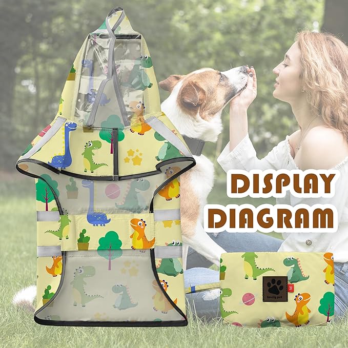 Dog Raincoat, Adjustable Rain Jacket with Hooded Double Layer for Large Medium Small Dogs Puppies, Lightweight Waterproof Rain Coat Poncho with Reflective Stripe Dinosaurs Yellow,L