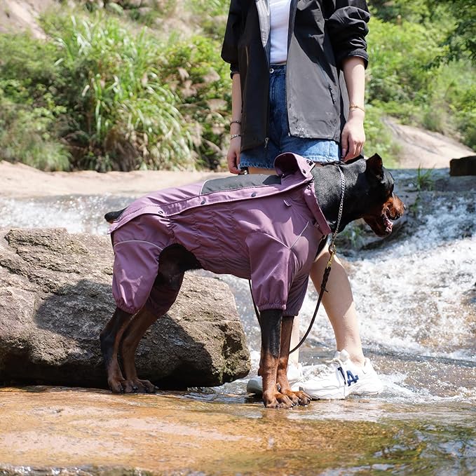 LOVELONGLONG Waterproof Dog Raincoat with Removable Hood – Outdoor Full Body Dog Jacket, Windproof Snowproof Shell Suit – All Season Pet Rain Gear Plum Purple XL
