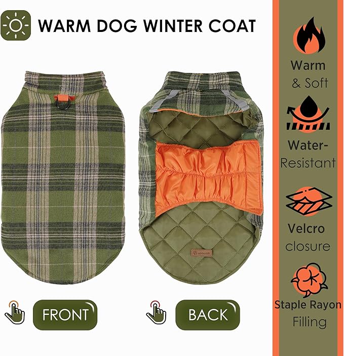 Quilted Dog Winter Coat, Plaid Lined Reversible Vest, Reflective Safety Strip, Cold Weather Pet Apparel Army Green M