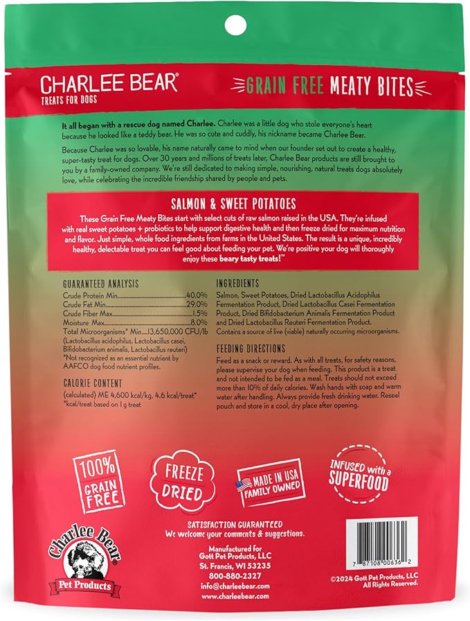 Charlee Bear Grain Free Meaty Bites Freeze Dried Dog Treats with Probiotics, Puppy Training Snacks, Soft Dog Bites Salmon with Sweet Potatoes, 2.25 oz Bags (2), Made USA