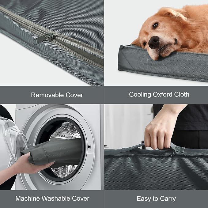 Outdoor Large Washable Dog Bed, Orthopedic Egg Crate Foam Dog Crate Mat for Large Dogs with Removable Oxford Cooling Cover, Grey