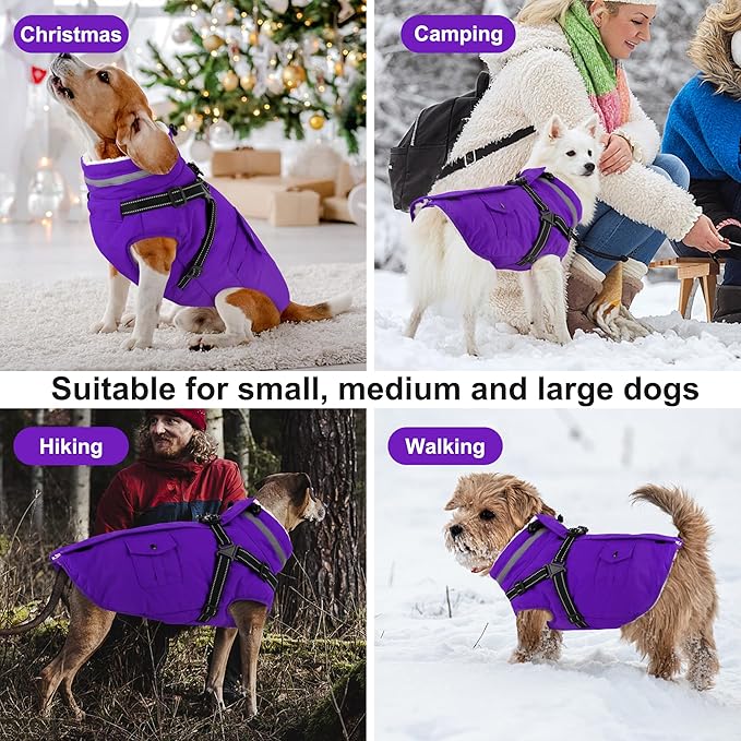 Dogcheer Dog Coat with Harness, Waterproof Warm Dog Winter Jacket with Pockets, Reflective Pet Fleece Jacket Turtleneck Snowsuit for Small Medium Large Dogs - Purple, 2XL