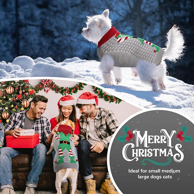 PETCARE Dog Christmas Sweater Ugly Elf Clown Cat Sweater Vest Pet Jumper Grey Green Holiday Dog Clothes Puppy Sweaters for Small Medium Large Dogs Cats Fall Winter Outfits Xmas Dogs Costume,Small