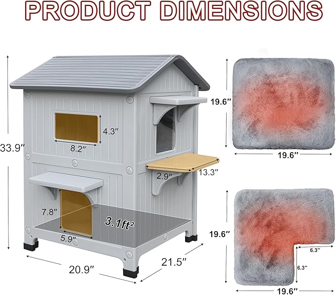 Rockever Plastic Outdoor Cat House with Soft Mat, Insulated Outdoor Cat Houses for Winter, Waterproof 2 Story Outside Cat Shelter, Clean and Assemble Easily