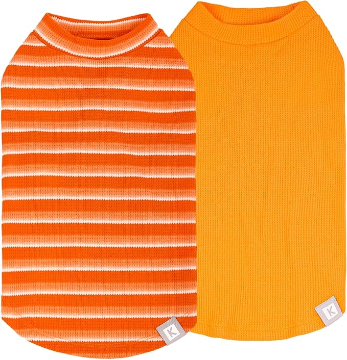 KYEESE 2Pack Waffle Dog Shirts for Small Dogs Stretchy T-Shirts Lightweight Tank Top Sleeveless Striped Shirt Vest Breathable Cat Shirt, X-Large, Orange+Striped