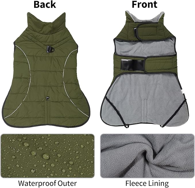 HEYWEAN Dog Winter Coat - Waterproof Windproof Reflective Vest for Medium & Large Breeds Adjustable Warm FleeceLined Jacket with Magic Tape & D-Ring for Leash Cold Weather Apparel (Green, X-Large)